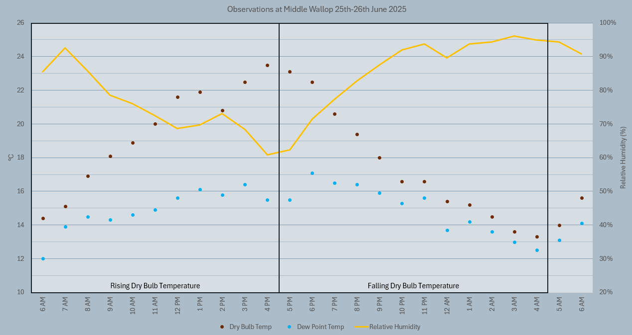 Graph showing the variation of dry bulb temperature, dew point temperature, and relative humidity across 25th-26th June at Middle Wallop, England.

The dry bulb temperature peaks in the afternoon, while relative humidity reaches its lowest at that time.