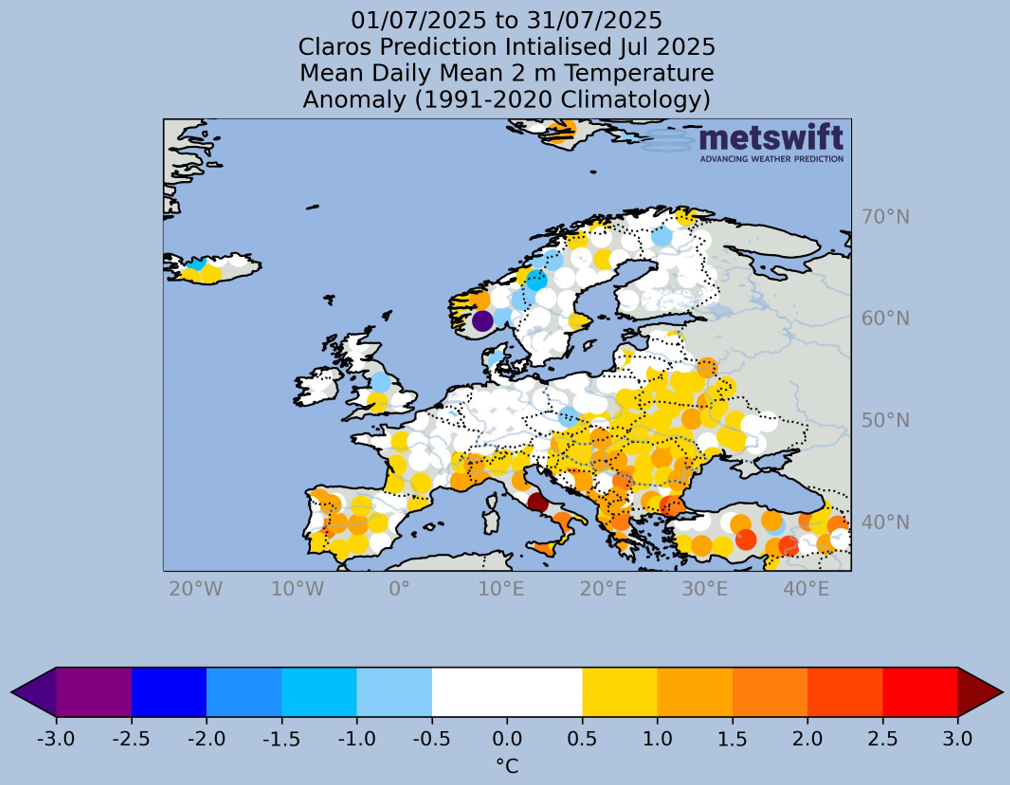 Map showing MetSwift's Claros model's predicted daily mean 2 metre temperature anomalies (versus 1991-2020 average) for August 2025.