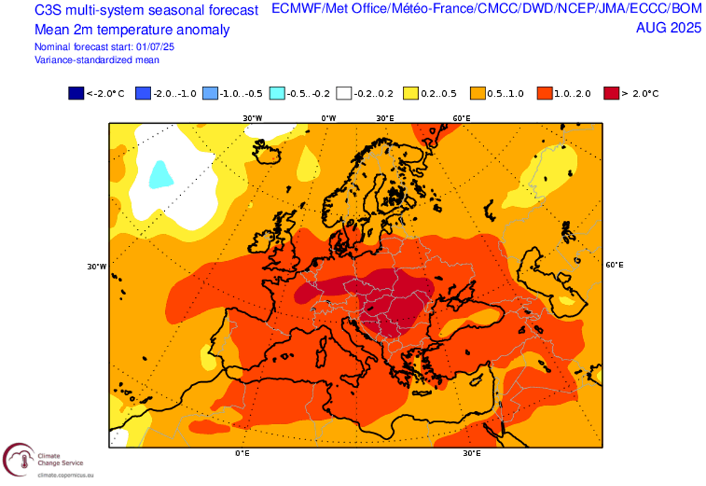 Map of Europe showing the C3S multi-system seasonal forecast for mean 2 metre temperature anomalies in August 2025.