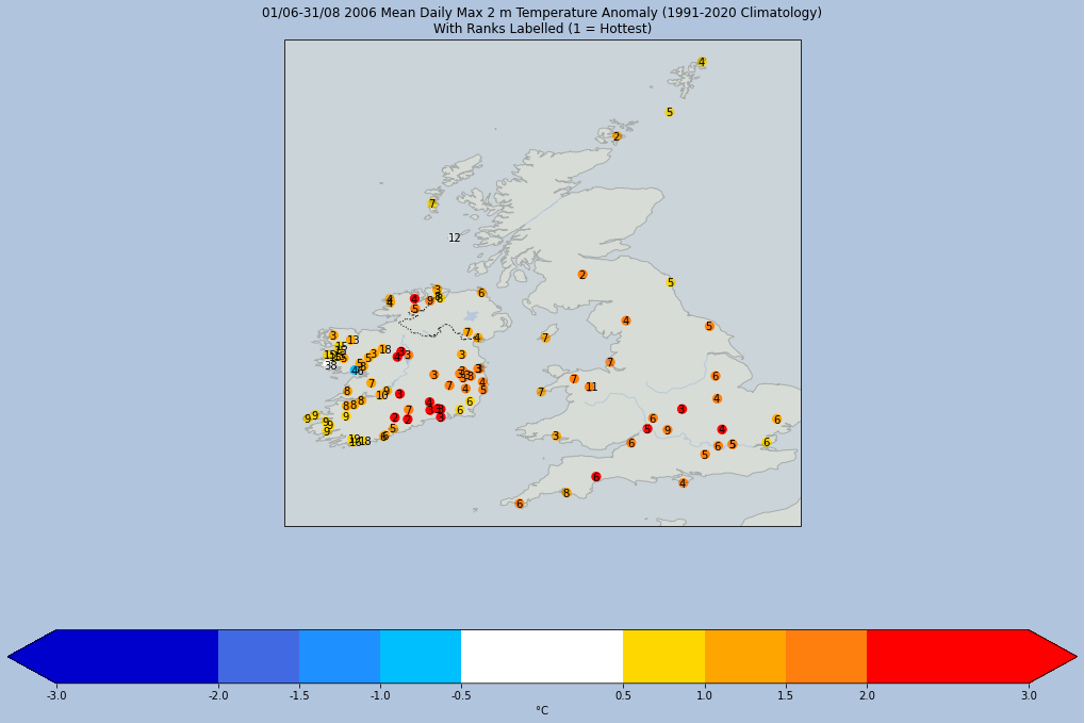Map of the UK and Ireland showing the summer 2006 mean daily maximum temperatures at 2 metres, and their historical ranking (where 1 = hottest), for all weather stations with suitable data.