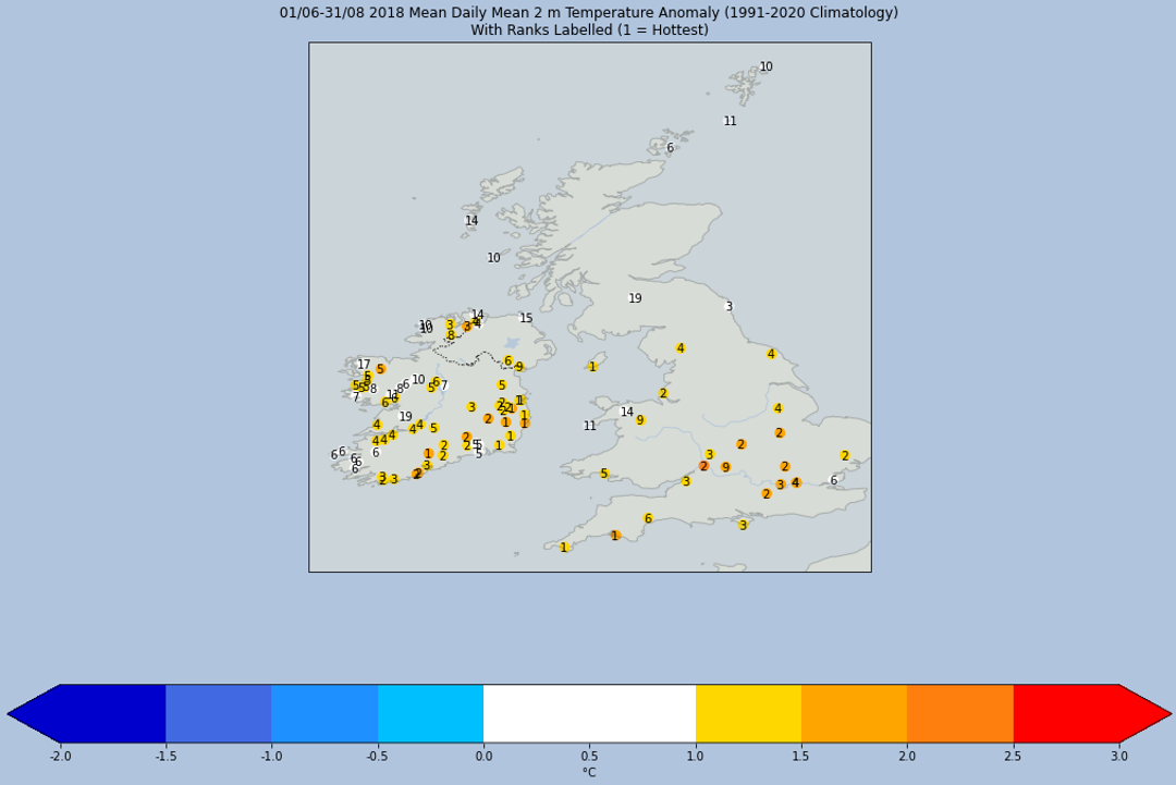 Map of the UK and Ireland showing the summer 2018 overall mean temperatures at 2 metres, and their historical ranking (where 1 = hottest), for all weather stations with suitable data.