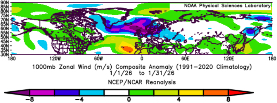 A map of the northern hemisphere between 30 and 90 degrees latitude, showing NCEP/NCAR reanalysis mean zonal wind anomalies at the 1000 mb pressure level for January 2026.